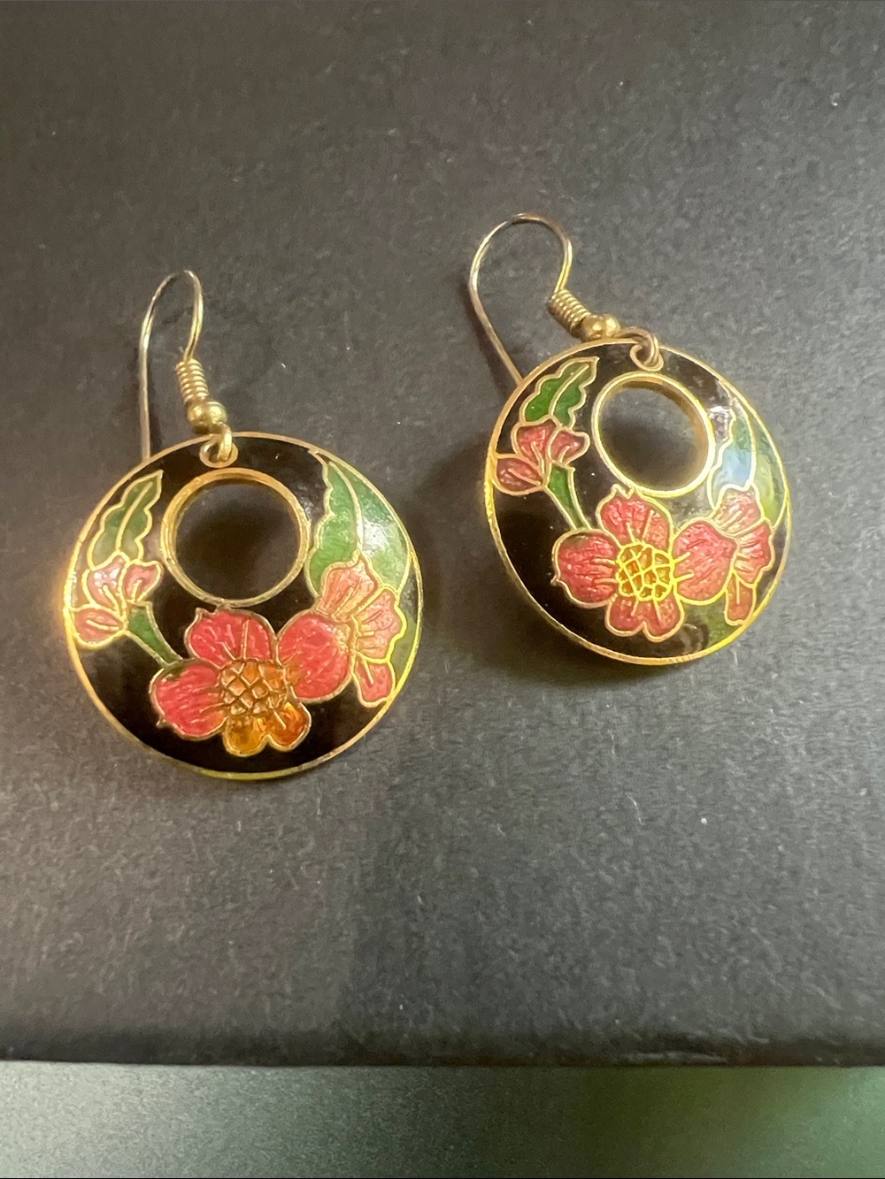 Hand-Painted Floral Cloisonné Drop Earrings in Black and Pink